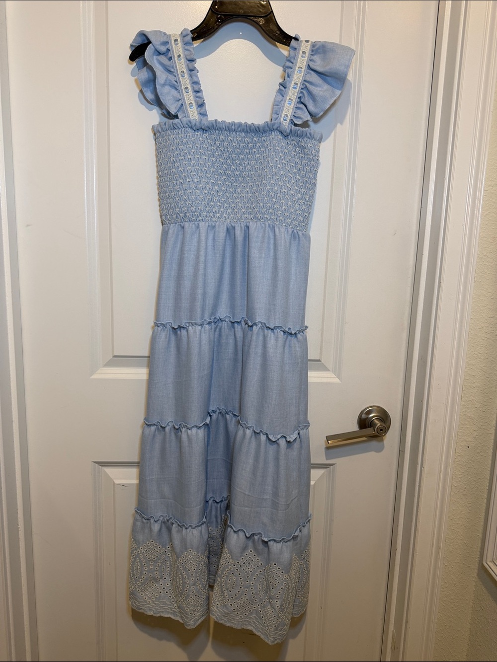 Iz Byer Light Blue Smocked Tiered Sundress with Eyelet Hem